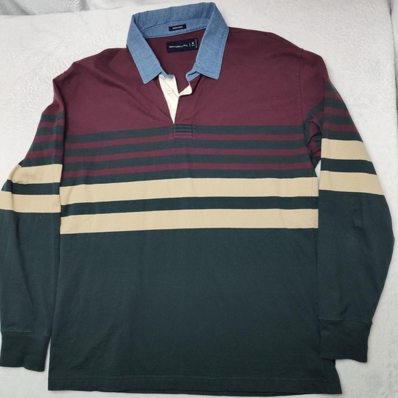 Abercrombie & Fitch Rugby Shirt Mens Medium Tall Maroon Green Stripe Oversized - Picture 2 of 10